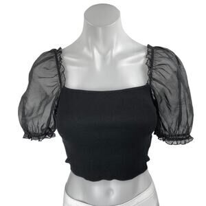 Aritzia Wilfred Black Mesh Puff Short Sleeve Ribbed Knit Blouse Crop Top Size XS